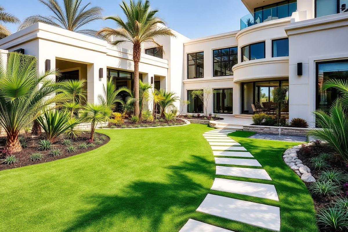 Landscaped garden with lawn and pathways in Dubai