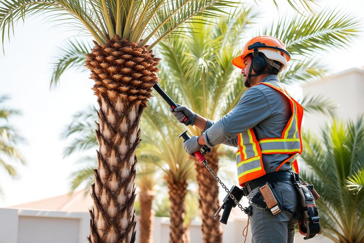 Tree trimming and palm tree care in a Dubai garden